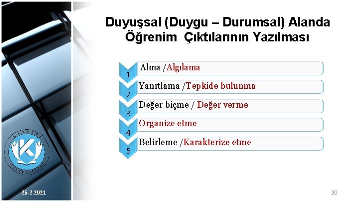 Duyuşsal (Duygu – Durumsal) Alanda Öğrenim Çıktılarının Yazılması 1 2 3 4 5 26.