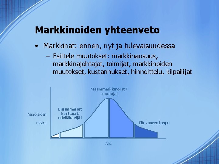 Markkinoiden yhteenveto • Markkinat: ennen, nyt ja tulevaisuudessa – Esittele muutokset: markkinaosuus, markkinajohtajat, toimijat,