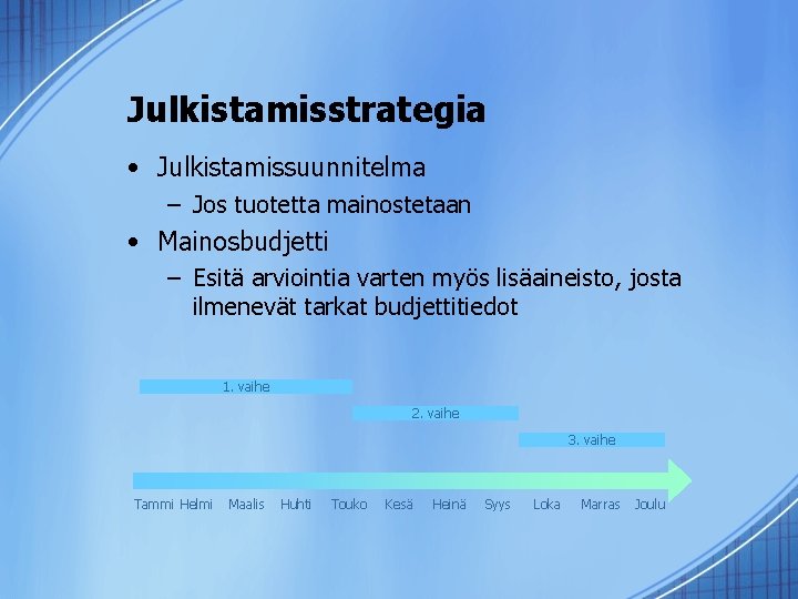 Julkistamisstrategia • Julkistamissuunnitelma – Jos tuotetta mainostetaan • Mainosbudjetti – Esitä arviointia varten myös