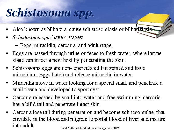 Schistosoma spp. • Also known as bilharzia, cause schistosomiasis or bilhariziasis. • Schistosoma spp.