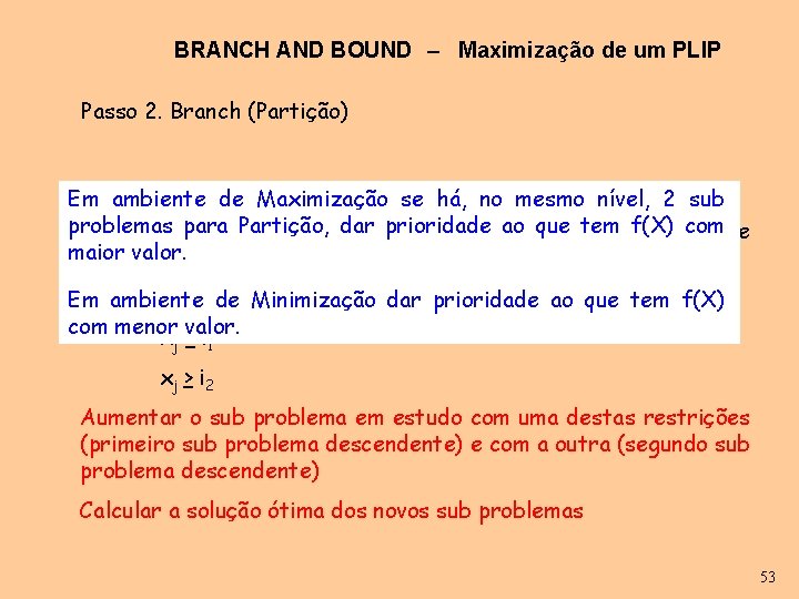 BRANCH AND BOUND – Maximização de um PLIP Passo 2. Branch (Partição) Selecionar com