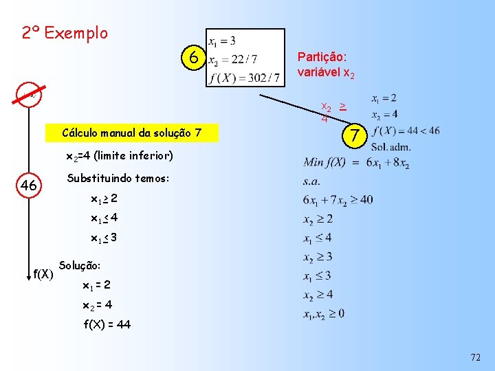 2º Exemplo 6 Cálculo manual da solução 7 Partição: variável x 2 > 4