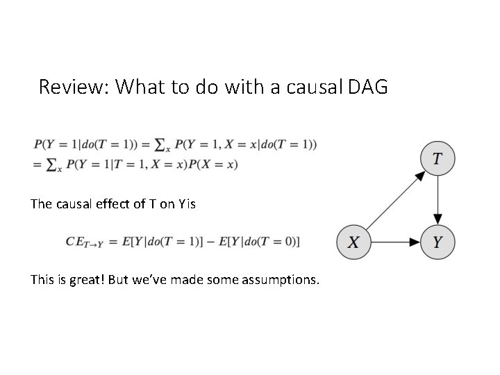 Review: What to do with a causal DAG The causal effect of T on