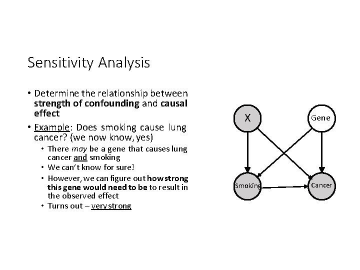 Sensitivity Analysis • Determine the relationship between strength of confounding and causal effect •