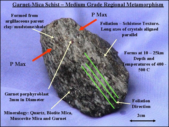 Garnet-Mica Schist – Medium Grade Regional Metamorphism Formed from argillaceous parent clay/ mudstone/shale P