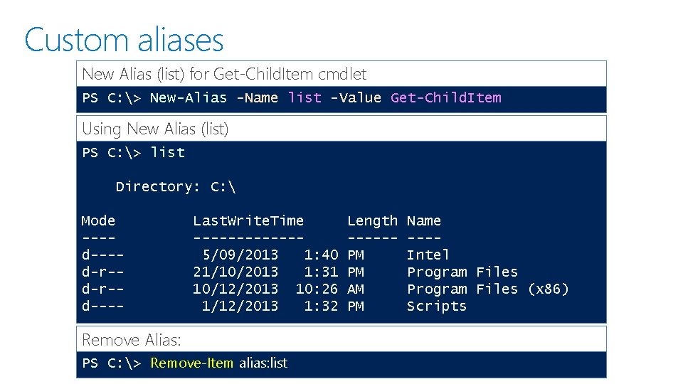 Custom aliases New Alias (list) for Get-Child. Item cmdlet PS C: > New-Alias -Name