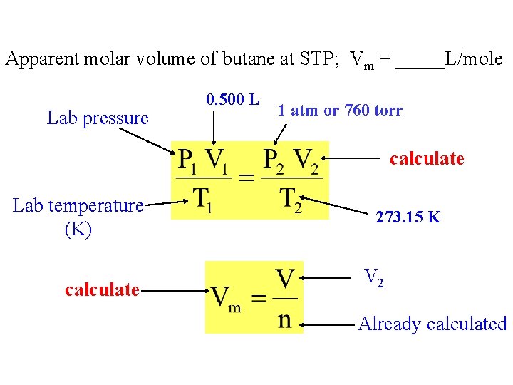 Apparent molar volume of butane at STP; Vm = _____L/mole Lab pressure 0. 500