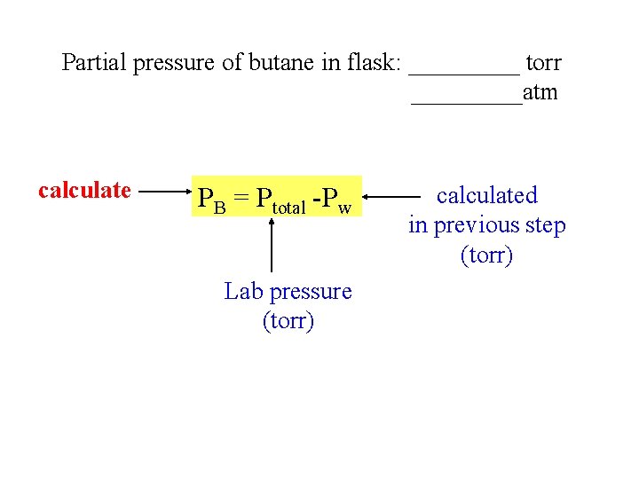 Partial pressure of butane in flask: _____ torr _____atm calculate PB = Ptotal -Pw