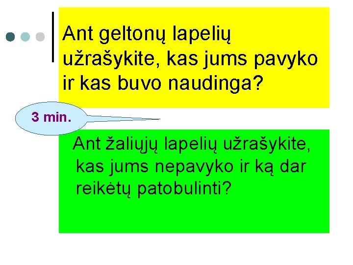 Ant geltonų lapelių užrašykite, kas jums pavyko ir kas buvo naudinga? 3 min. Ant