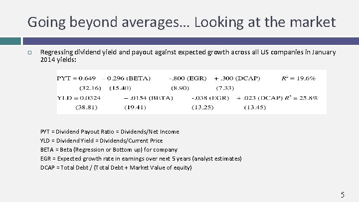 Going beyond averages… Looking at the market Regressing dividend yield and payout against expected