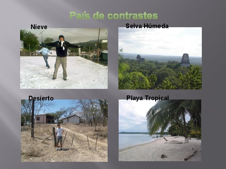 País de contrastes Nieve Desierto Selva Húmeda Playa Tropical País de contrastes Nieve Desierto Selva Húmeda Playa Tropical