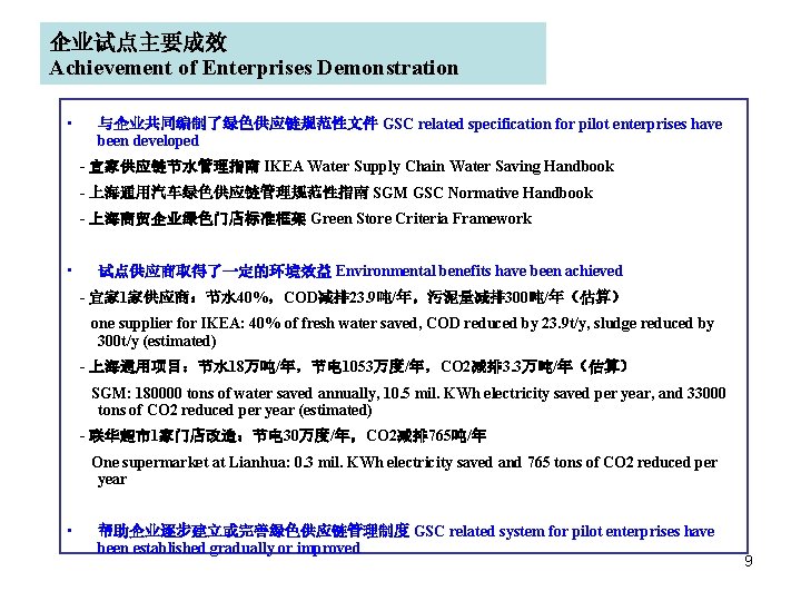 企业试点主要成效 Achievement of Enterprises Demonstration • 与企业共同编制了绿色供应链规范性文件 GSC related specification for pilot enterprises have