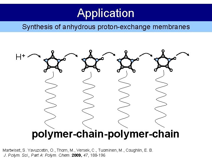 Application Synthesis of anhydrous proton-exchange membranes H+ polymer-chain-polymer-chain Martwiset, S. Yavuzcetin, O. , Thorn,