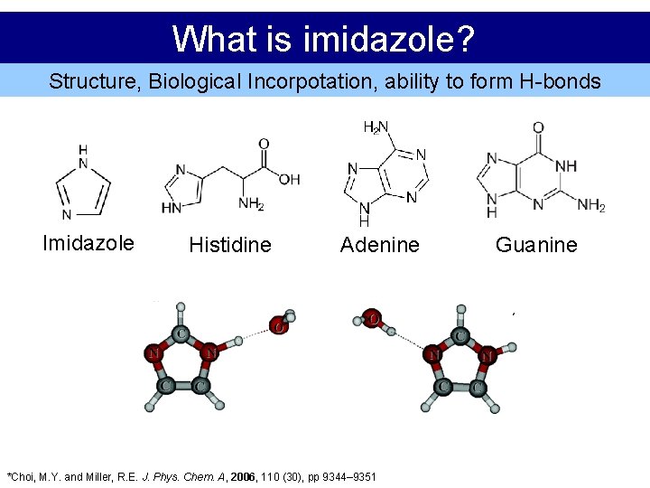 What is imidazole? Structure, Biological Incorpotation, ability to form H-bonds Imidazole Histidine Adenine Guanine