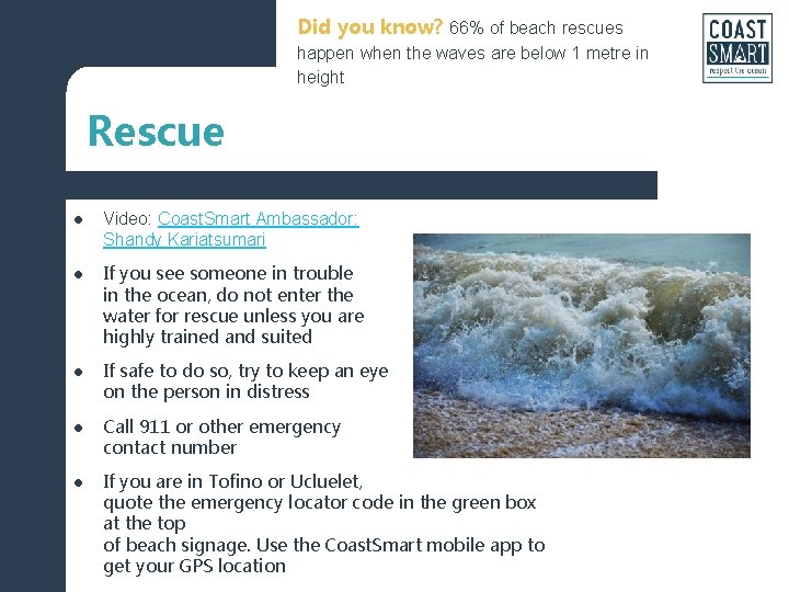 Did you know? 66% of beach rescues happen when the waves are below 1