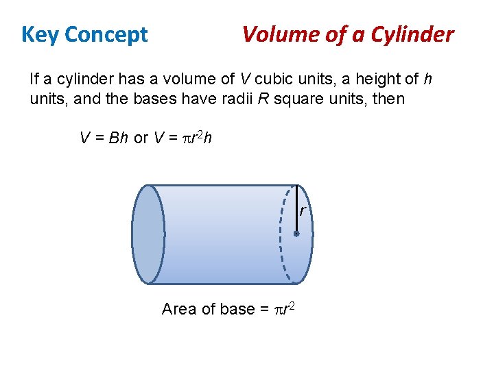 Key Concept Volume of a Cylinder If a cylinder has a volume of V