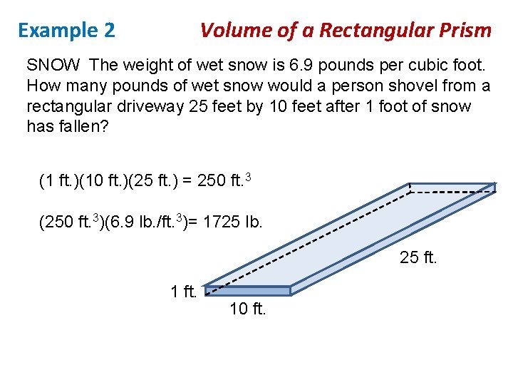 Example 2 Volume of a Rectangular Prism SNOW The weight of wet snow is