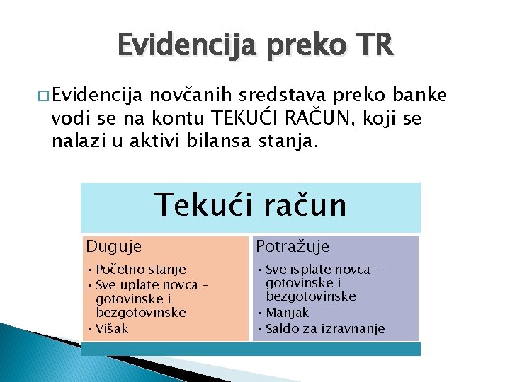 Evidencija preko TR � Evidencija novčanih sredstava preko banke vodi se na kontu TEKUĆI