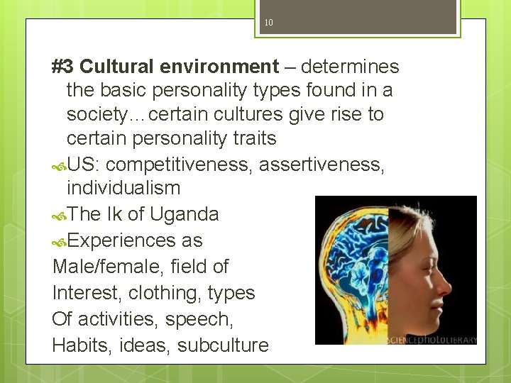 10 #3 Cultural environment – determines the basic personality types found in a society…certain 10 #3 Cultural environment – determines the basic personality types found in a society…certain
