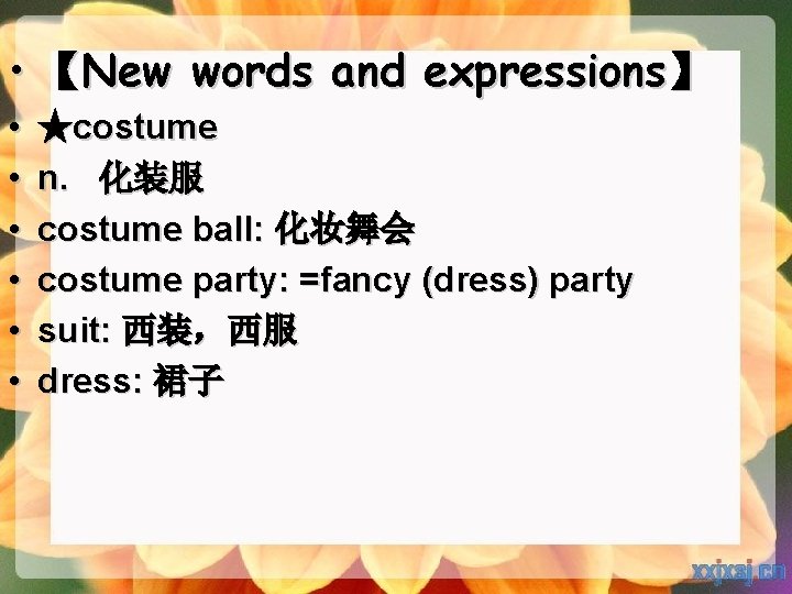  • 【New words and expressions】 • • • ★costume n. 化装服 costume ball: