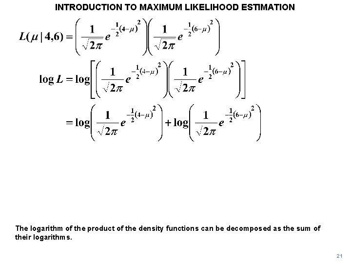 INTRODUCTION TO MAXIMUM LIKELIHOOD ESTIMATION The logarithm of the product of the density functions INTRODUCTION TO MAXIMUM LIKELIHOOD ESTIMATION The logarithm of the product of the density functions
