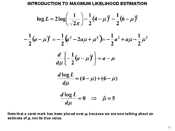 INTRODUCTION TO MAXIMUM LIKELIHOOD ESTIMATION Note that a caret mark has been placed over INTRODUCTION TO MAXIMUM LIKELIHOOD ESTIMATION Note that a caret mark has been placed over