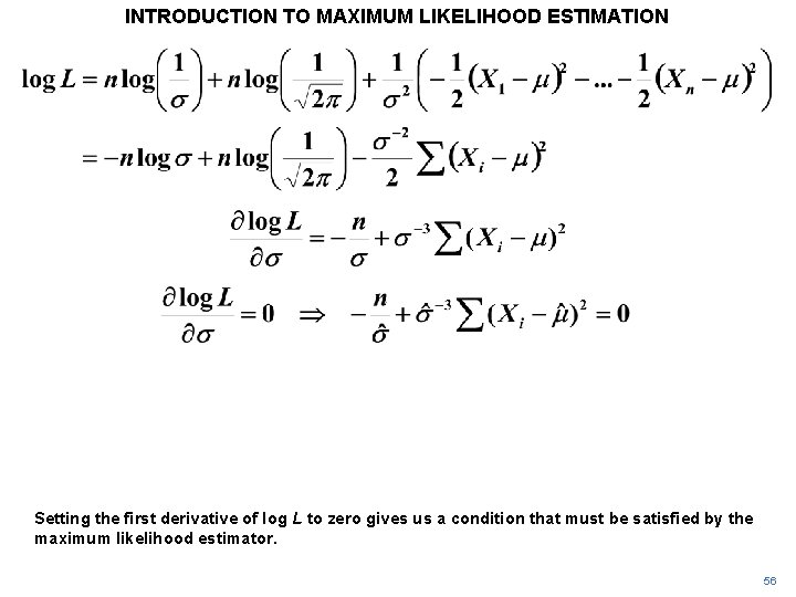INTRODUCTION TO MAXIMUM LIKELIHOOD ESTIMATION Setting the first derivative of log L to zero INTRODUCTION TO MAXIMUM LIKELIHOOD ESTIMATION Setting the first derivative of log L to zero