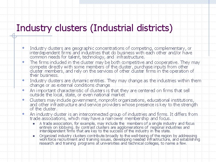 Industry clusters (Industrial districts) w w w Industry clusters are geographic concentrations of competing,