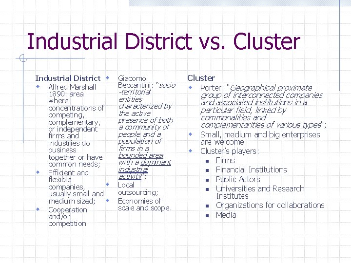 Industrial District vs. Cluster Industrial District w w Alfred Marshall 1890: area where concentrations