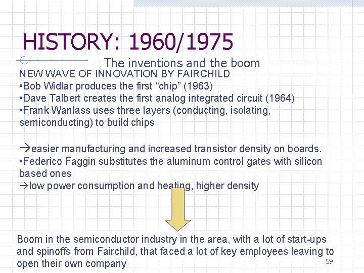 HISTORY: 1960/1975 The inventions and the boom NEW WAVE OF INNOVATION BY FAIRCHILD •