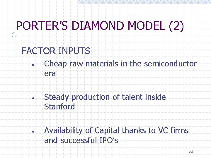 PORTER’S DIAMOND MODEL (2) FACTOR INPUTS • • • Cheap raw materials in the