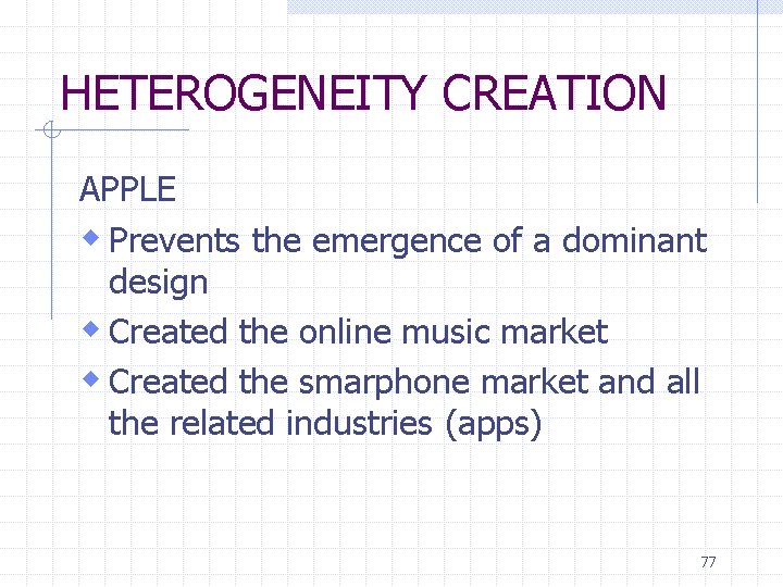 HETEROGENEITY CREATION APPLE w Prevents the emergence of a dominant design w Created the