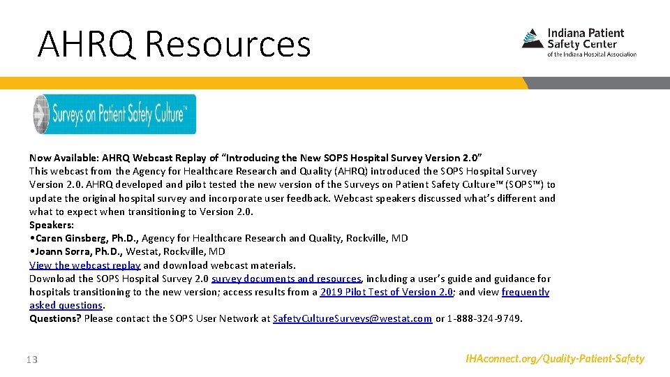 AHRQ Resources Now Available: AHRQ Webcast Replay of “Introducing the New SOPS Hospital Survey