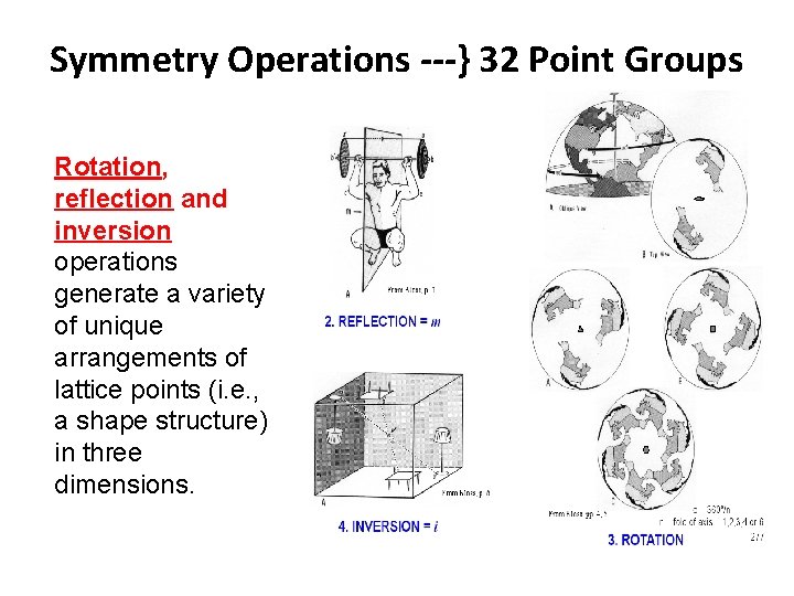 Symmetry Operations ---} 32 Point Groups Rotation, reflection and inversion operations generate a variety Symmetry Operations ---} 32 Point Groups Rotation, reflection and inversion operations generate a variety
