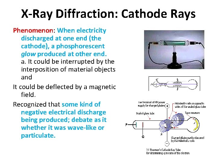 X-Ray Diffraction: Cathode Rays Phenomenon: When electricity discharged at one end (the cathode), a X-Ray Diffraction: Cathode Rays Phenomenon: When electricity discharged at one end (the cathode), a