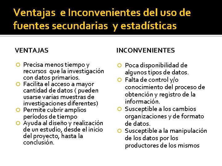 Ventajas e Inconvenientes del uso de fuentes secundarias y estadísticas VENTAJAS INCONVENIENTES Precisa menos