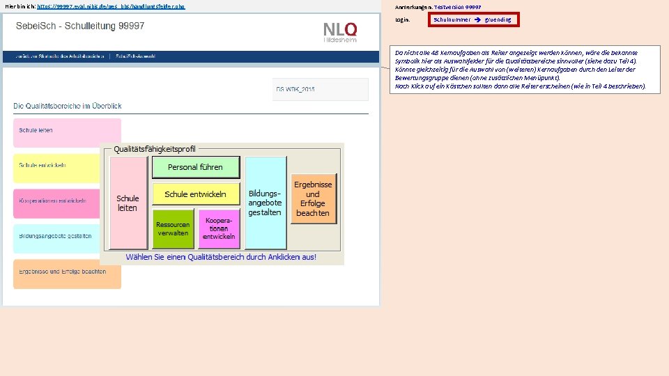Hier bin ich: https: //99997. eval. nibis. de/qes_bbs/handlungsfelder. php Anmerkungen: Testversion 99997 Login: Schulnummer