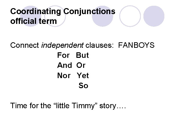 Coordinating Conjunctions official term Connect independent clauses: FANBOYS For But And Or Nor Yet