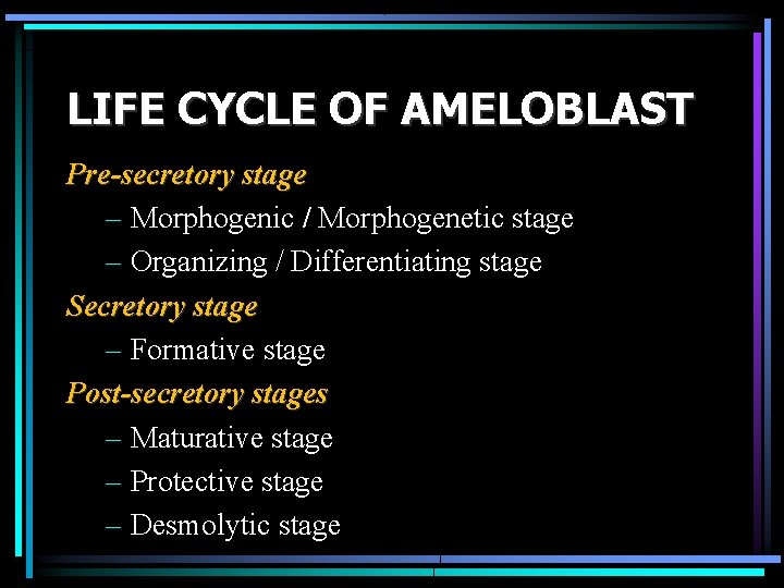 LIFE CYCLE OF AMELOBLAST Pre-secretory stage – Morphogenic / Morphogenetic stage – Organizing /
