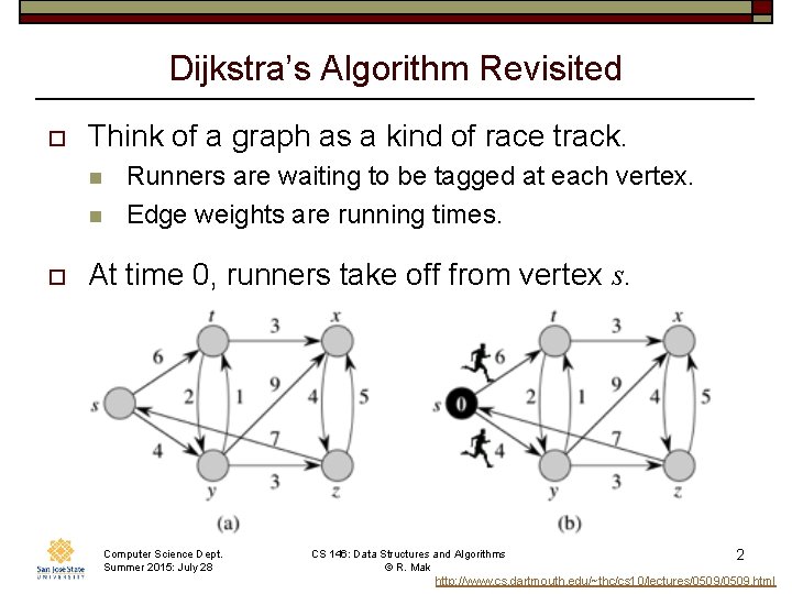 Dijkstra’s Algorithm Revisited o Think of a graph as a kind of race track. Dijkstra’s Algorithm Revisited o Think of a graph as a kind of race track.
