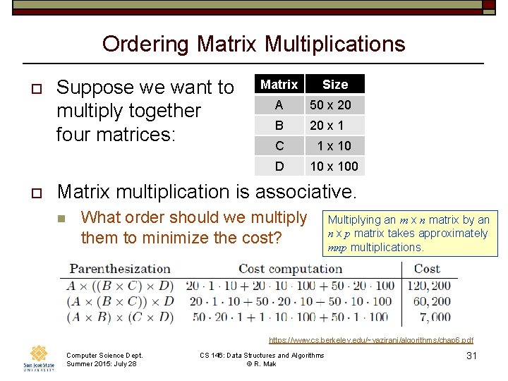 Ordering Matrix Multiplications o o Suppose we want to multiply together four matrices: Matrix Ordering Matrix Multiplications o o Suppose we want to multiply together four matrices: Matrix