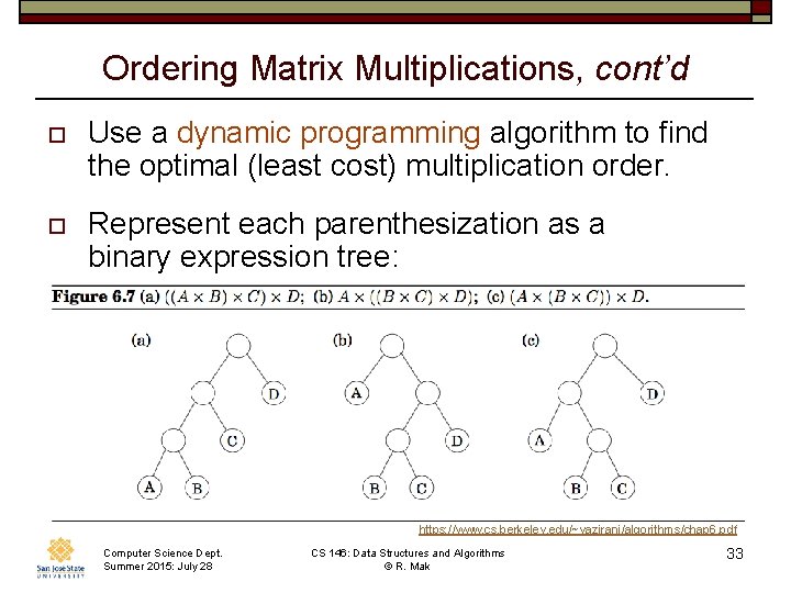 Ordering Matrix Multiplications, cont’d o Use a dynamic programming algorithm to find the optimal Ordering Matrix Multiplications, cont’d o Use a dynamic programming algorithm to find the optimal