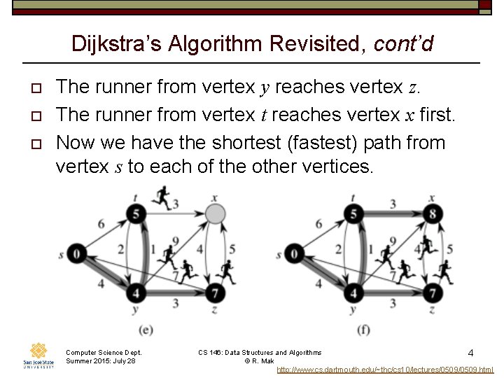 Dijkstra’s Algorithm Revisited, cont’d o o o The runner from vertex y reaches vertex Dijkstra’s Algorithm Revisited, cont’d o o o The runner from vertex y reaches vertex