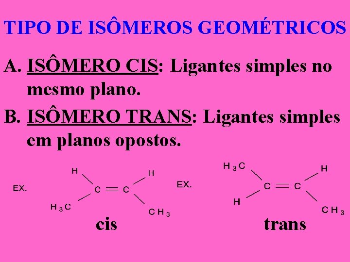 TIPO DE ISÔMEROS GEOMÉTRICOS A. ISÔMERO CIS: Ligantes simples no mesmo plano. B. ISÔMERO