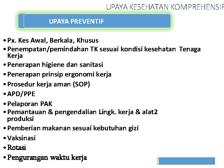 UPAYA KESEHATAN KOMPREHENSIF UPAYA PREVENTIF • Px. Kes Awal, Berkala, Khusus • Penempatan/pemindahan TK