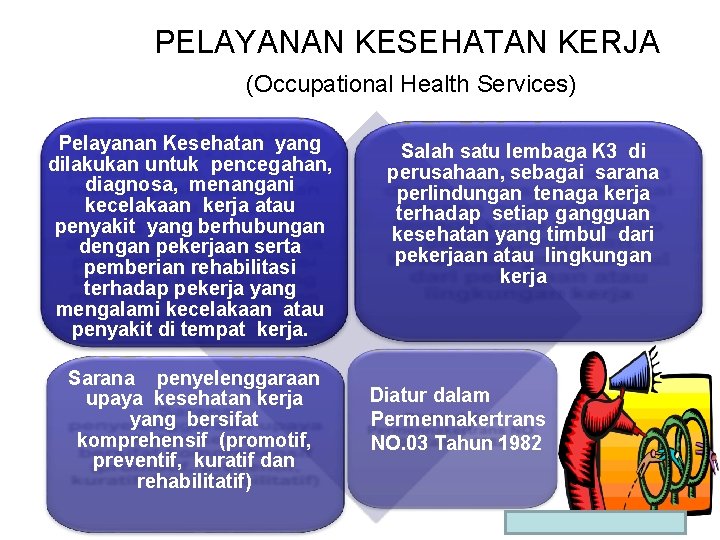 PELAYANAN KESEHATAN KERJA (Occupational Health Services) Pelayanan Kesehatan yang dilakukan untuk pencegahan, diagnosa, menangani