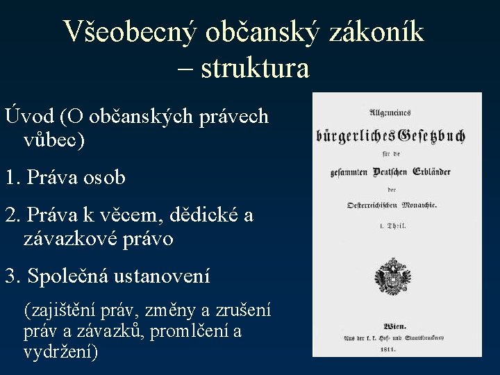 Všeobecný občanský zákoník – struktura Úvod (O občanských právech vůbec) 1. Práva osob 2.