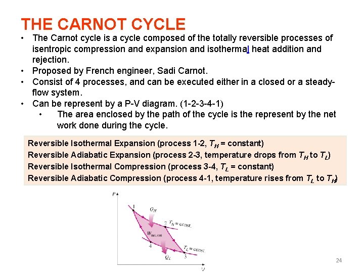 THE CARNOT CYCLE • The Carnot cycle is a cycle composed of the totally