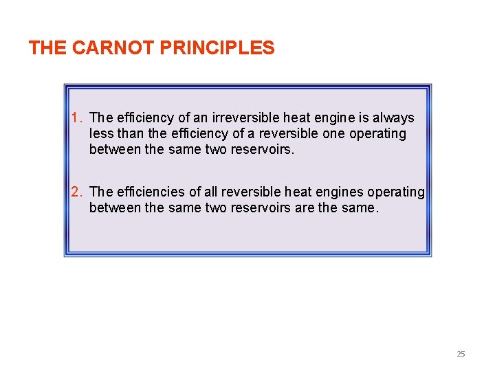 THE CARNOT PRINCIPLES 1. The efficiency of an irreversible heat engine is always less