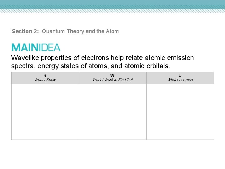 Section 2: Quantum Theory and the Atom Wavelike properties of electrons help relate atomic